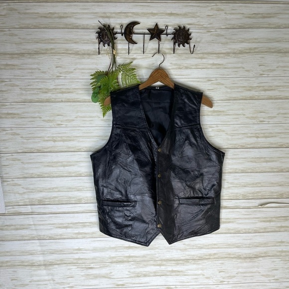 Vintage Black Leather Patchwork Biker Grunge Vest - Picture 1 of 6